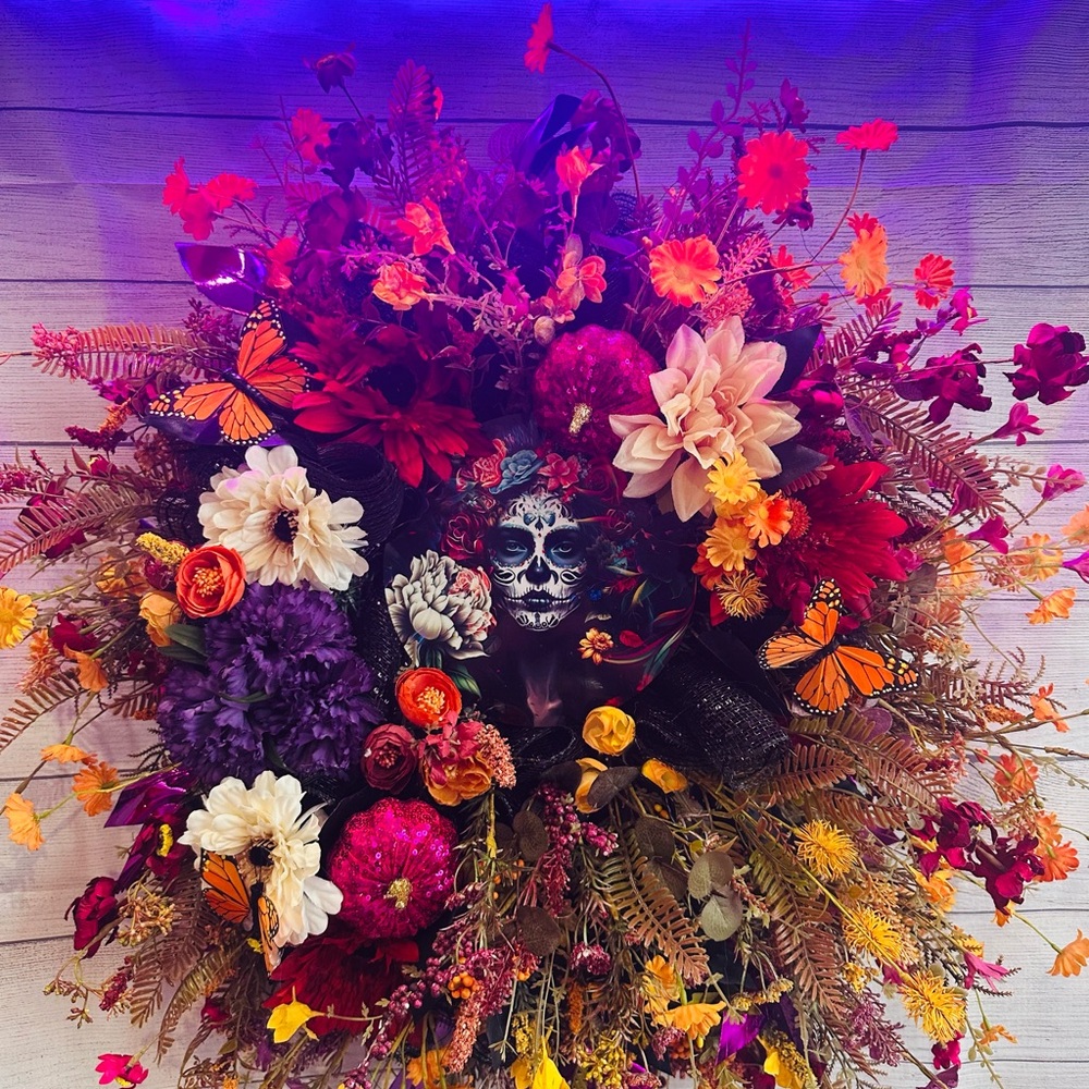Vibrant Floral Day Of The Dead Wreath